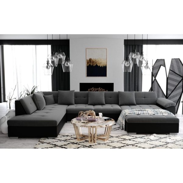 ATIS - Canapé d'angle panoramique XXL en U - en Tissu et simili cuir - Angle Gauche gris et noir