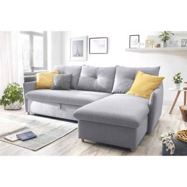 Canapé 4 places angle convertible et réversible OSTEN - Tissu gris clair - L 238 x P 160 x H 89 cm