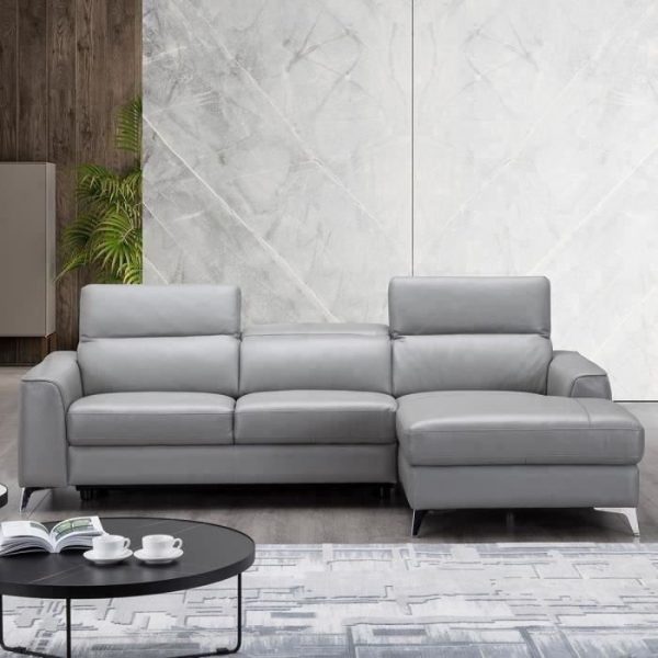 Canapé d'angle droit et 3 appuis-têtes ajustables Gris - Cuir de vachette - L 266 x P 166 x H 95 cm - EDISON