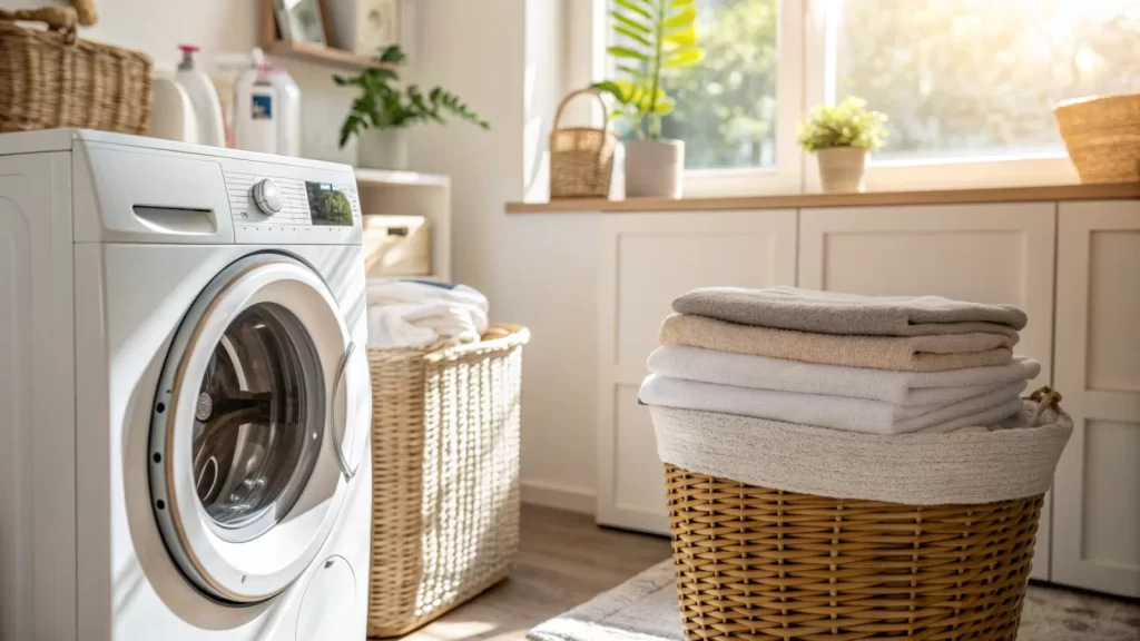 Interior of a bright French laundry room with a modern front-loading washing machine in use, soft natural light streaming through a window, folded